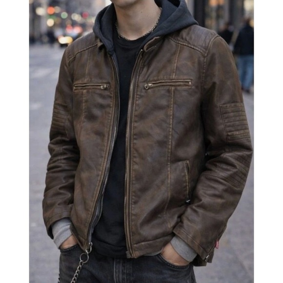 Levi's Other - Levis Jacket Mens XXL Brown Faux Leather Hooded Moto Biker Rugged Racer